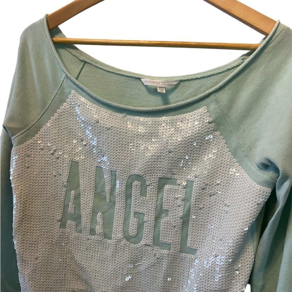VICTORIAS SECRET Mint Sequin Front Wide Neck Fleece Lined Long Sleeve Pullover S - Picture 2 of 7